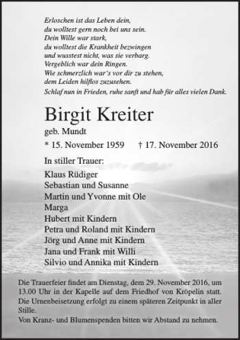 Traueranzeige von Birgit Kreiter von Ostsee-Zeitung