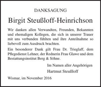 Traueranzeige von Birgit Steußloff-Heinrichson von Ostsee-Zeitung