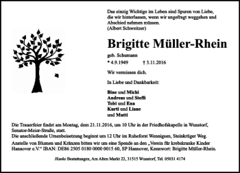 Traueranzeige von Brigitte Müller-Rhein von HAZ/NP