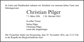 Traueranzeige von Christian Pilger von Lübecker Nachrichten
