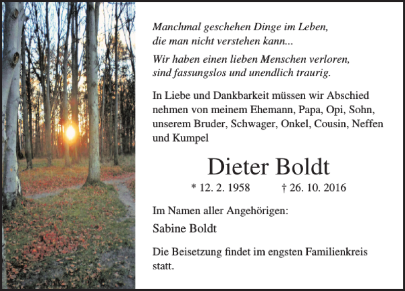  Traueranzeige für Dieter Boldt vom 12.11.2016 aus Ostsee-Zeitung