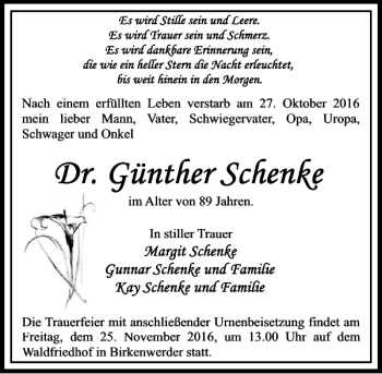 Traueranzeige von Dr. Günther Schenke von MAZ-Trauer.de