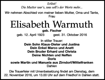 Traueranzeige von Elisabeth Warmuth von Leipziger Volkszeitung