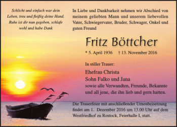 Traueranzeige von Fritz Böttcher von Ostsee-Zeitung