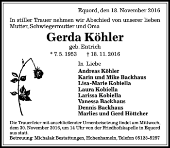 Traueranzeige von Gerda Köhler von Peiner Allgemeine Zeitung