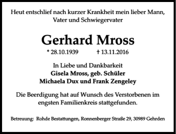 Traueranzeige von Gerhard Mross von HAZ/NP