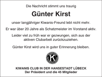 Traueranzeige von Günter Kirst von Lübecker Nachrichten