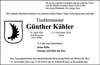 Traueranzeige von Günther Kähler von Lübecker Nachrichten