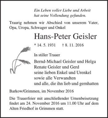 Traueranzeige von Hans-peter Geisler von Ostsee-Zeitung
