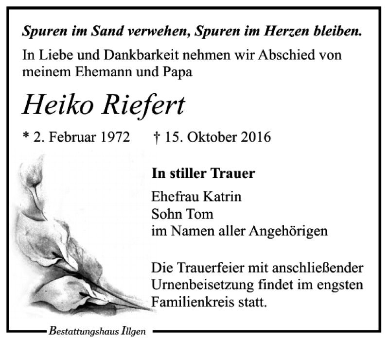  Traueranzeige für Heiko Riefert vom 05.11.2016 aus Leipziger Volkszeitung