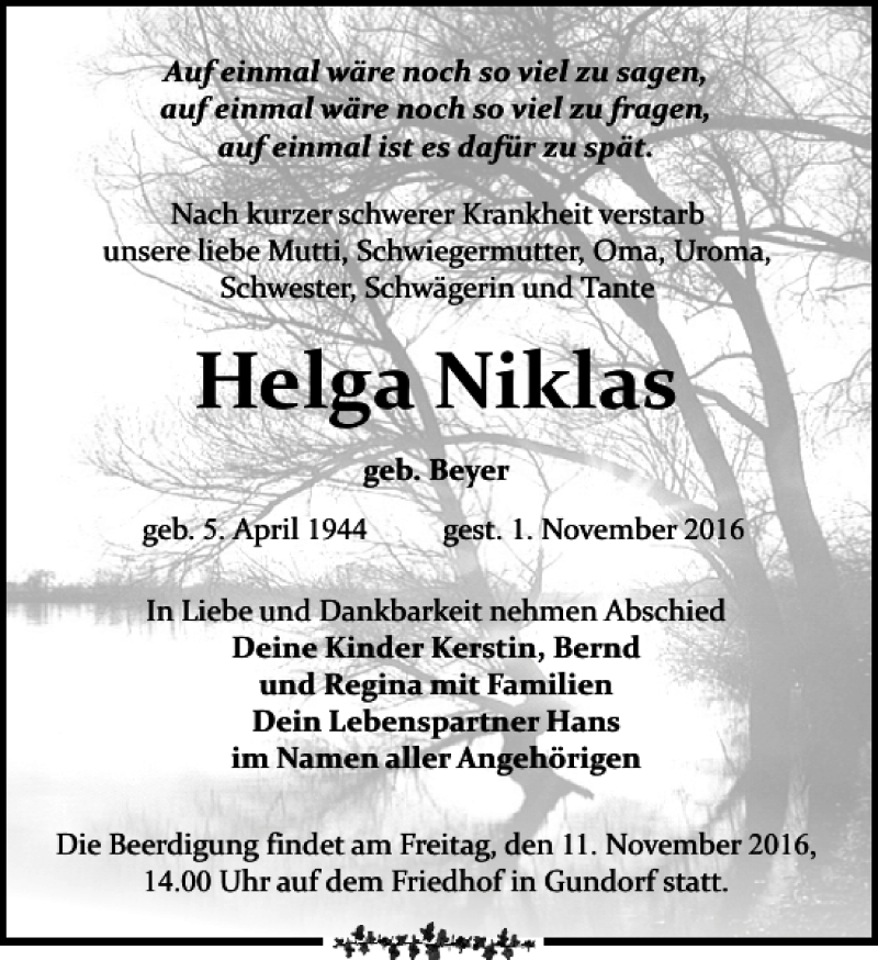  Traueranzeige für Helga Niklas vom 05.11.2016 aus Leipziger Volkszeitung