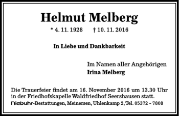 Traueranzeige von Helmut Melberg von Peiner Allgemeine Zeitung