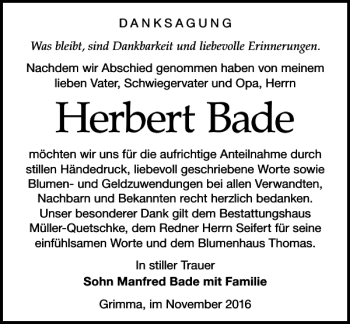 Traueranzeige von Herbert Bade von Leipziger Volkszeitung