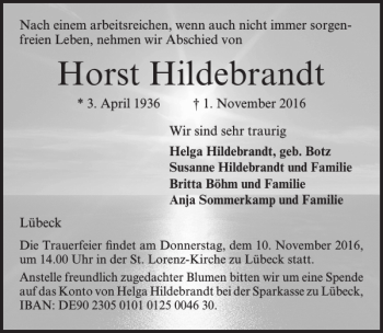 Traueranzeige von Horst Hildebrandt von Lübecker Nachrichten