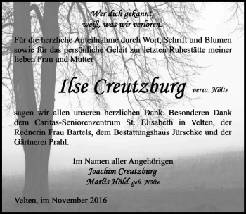 Traueranzeige von Ilse Creutzburg von MAZ-Trauer.de