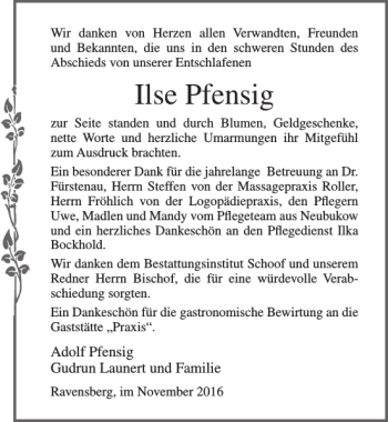 Traueranzeige von Ilse Pfensig von Ostsee-Zeitung