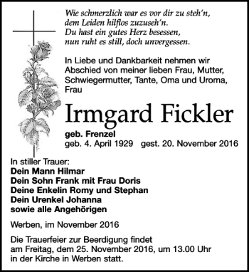 Traueranzeige von Irmgard Fickler von Leipziger Volkszeitung