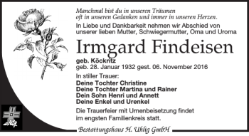 Traueranzeige von Irmgard Findeisen von Leipziger Volkszeitung