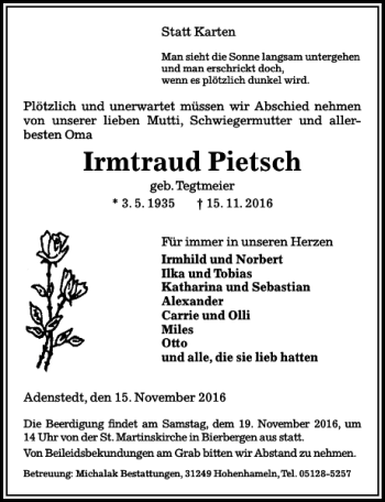 Traueranzeige von Irmtraud Pietsch von Peiner Allgemeine Zeitung