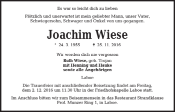 Traueranzeige von Joachim Wiese von Kieler Nachrichten / Segeberger Zeitung