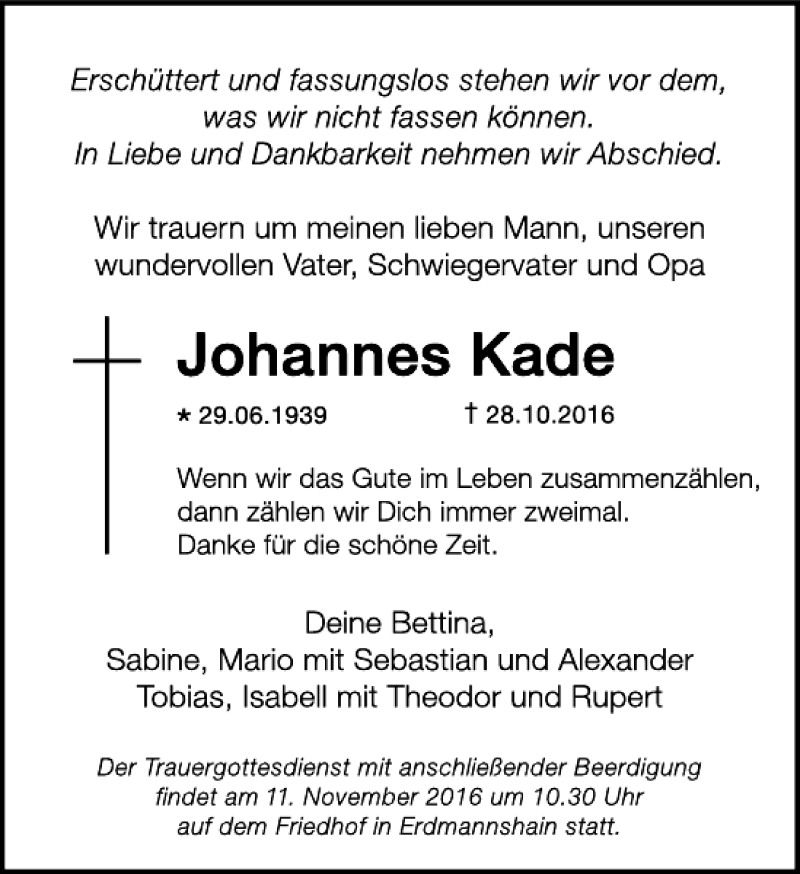  Traueranzeige für Johannes Kade vom 05.11.2016 aus Leipziger Volkszeitung