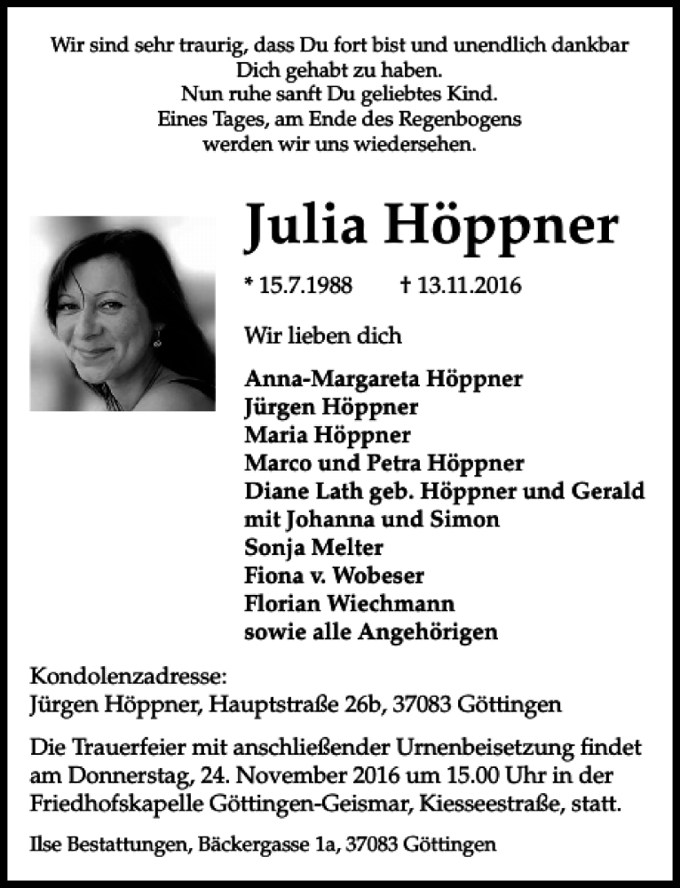  Traueranzeige für Julia Höppner vom 19.11.2016 aus Göttinger Tageblatt