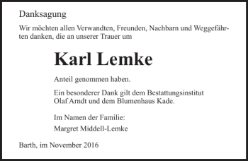 Traueranzeige von Karl Lemke von Ostsee-Zeitung
