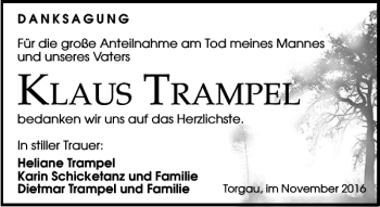 Traueranzeige von Klaus Trampel von Torgauer Zeitung