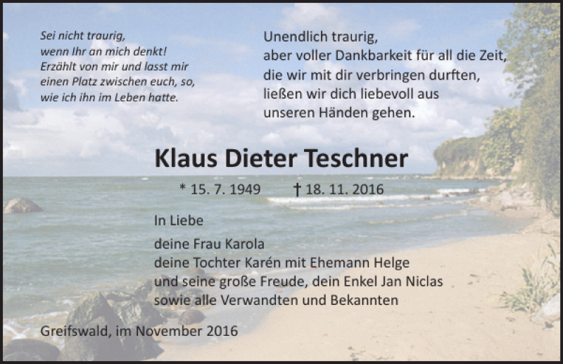  Traueranzeige für Klaus Dieter Teschner vom 26.11.2016 aus Ostsee-Zeitung