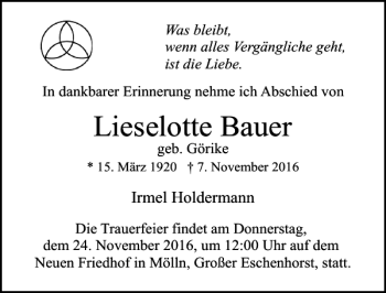 Traueranzeige von Lieselotte Bauer von Lübecker Nachrichten