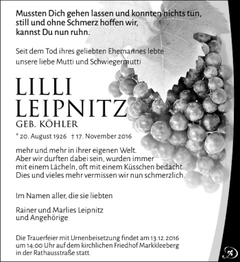 Traueranzeige von Lilli Leipnitz von Leipziger Volkszeitung