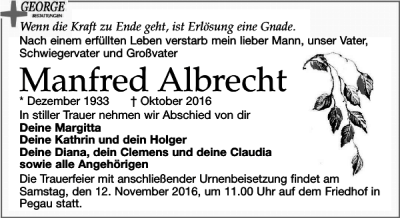  Traueranzeige für Manfred Albrecht vom 05.11.2016 aus Leipziger Volkszeitung