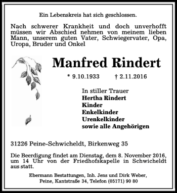 Traueranzeige von Manfred Rindert von Peiner Allgemeine Zeitung