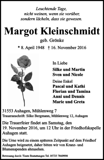 Traueranzeige von Margot Kleinschmidt von Schaumburger Nachrichten