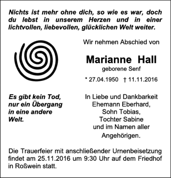 Traueranzeige von Marianne Hall von Leipziger Volkszeitung