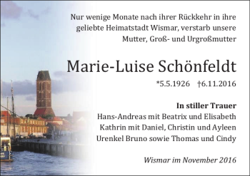 Traueranzeige von Marie-luise Schönfeldt von Ostsee-Zeitung