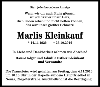 Traueranzeige von Marlis Kleinkauf von Göttinger Tageblatt