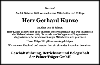 Traueranzeige von Nachruf Gerhard Kunze von Peiner Allgemeine Zeitung