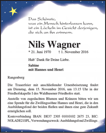 Traueranzeige von Nils Wagner von Lübecker Nachrichten