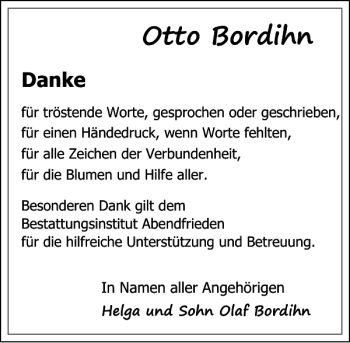 Traueranzeige von Otto Bordihn von Ostsee-Zeitung