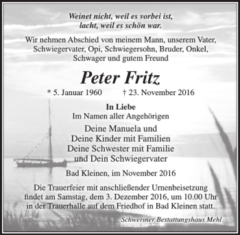 Traueranzeige von Peter Fritz von Ostsee-Zeitung