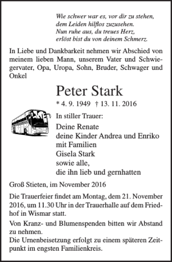 Traueranzeige von Peter Stark von Ostsee-Zeitung