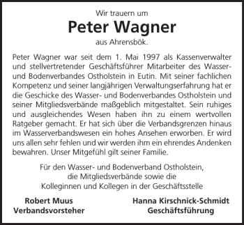 Traueranzeige von Peter Wagner von Lübecker Nachrichten