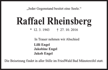 Traueranzeige von Raffael Rheinsberg von Kieler Nachrichten / Segeberger Zeitung