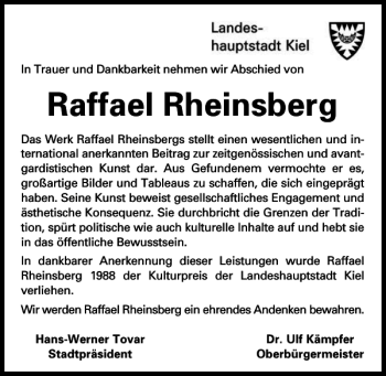 Traueranzeige von Raffael Rheinsberg von Kieler Nachrichten / Segeberger Zeitung