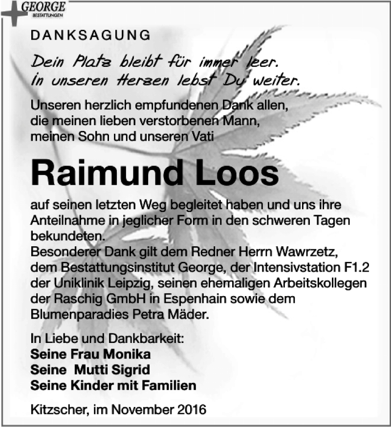  Traueranzeige für Raimund Loos vom 19.11.2016 aus Leipziger Volkszeitung
