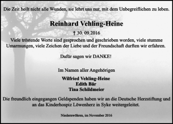 Traueranzeige von Reinhard Vehling-heine von Schaumburger Nachrichten