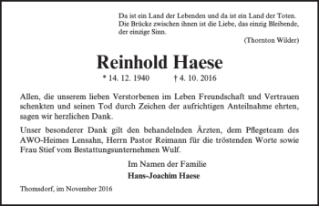 Traueranzeige von Reinhold Haese von Lübecker Nachrichten