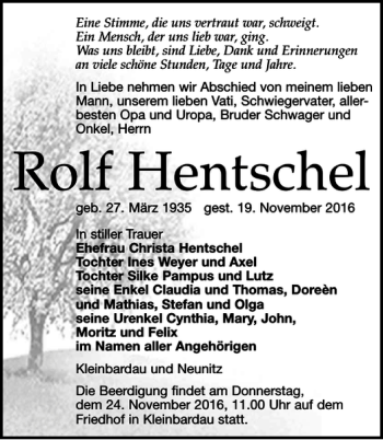 Traueranzeige von Rolf Hentschel von Leipziger Volkszeitung