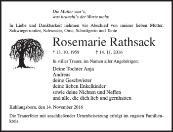 Traueranzeige von Rosemarie Rathsack von Ostsee-Zeitung